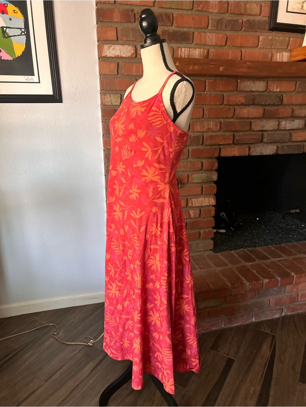 NWT Pact Stamp Floral Fit & Flare Midi Dress in Red Orange Sz L - Picture 4 of 7